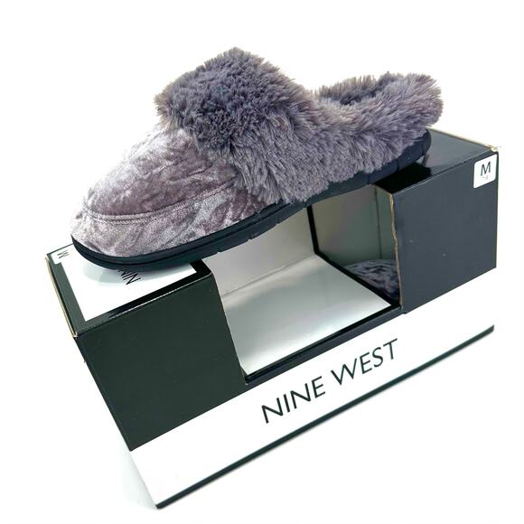 Nine West Excalibur Women Gray Mule/Clog Slipper Sz 7-8 Velvet Faux Fur Trim New - Picture 1 of 5